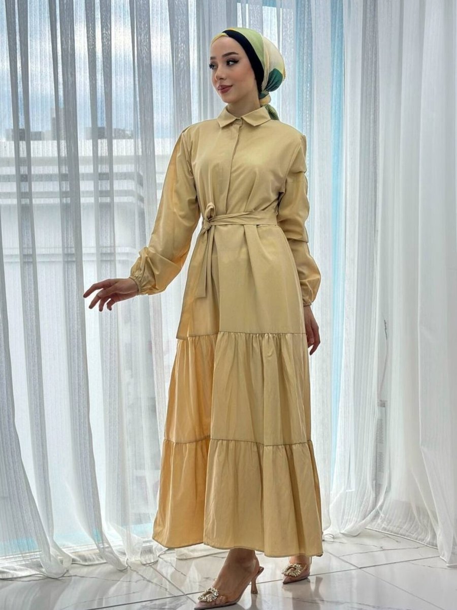 Cng Moda Bej Standart Düğmeli Elbise