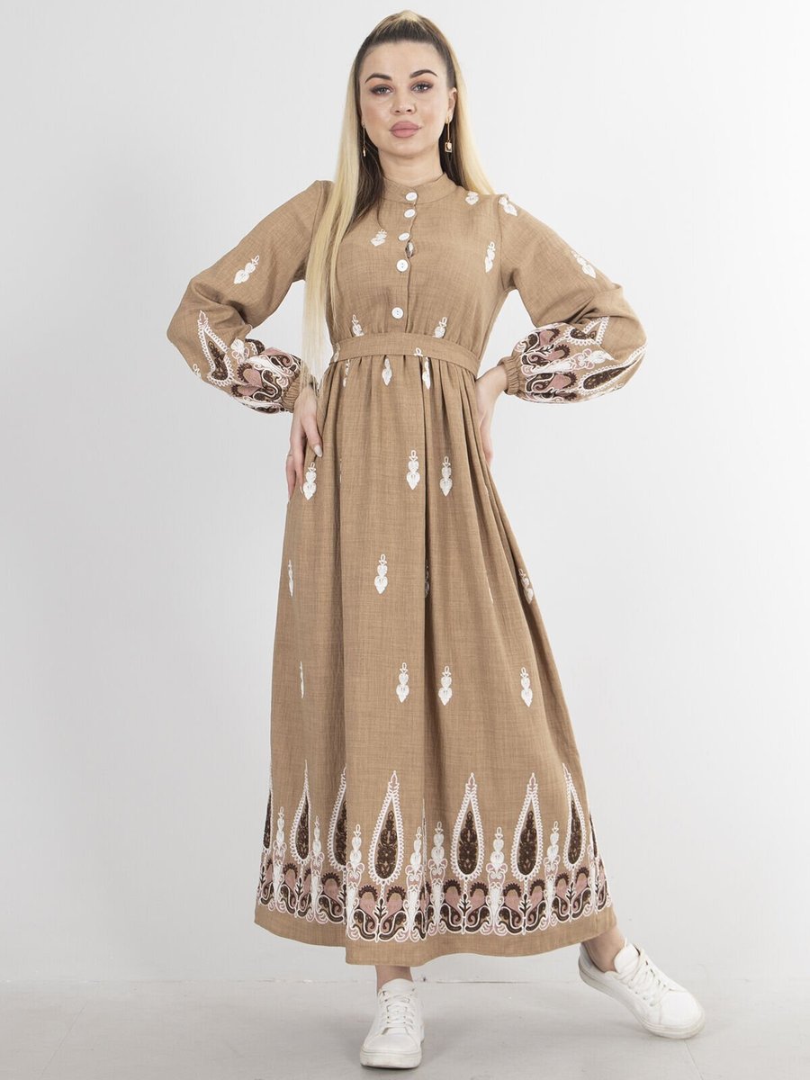 Ardanewline Kahve Uzun Nakış İşlemeli Elbise
