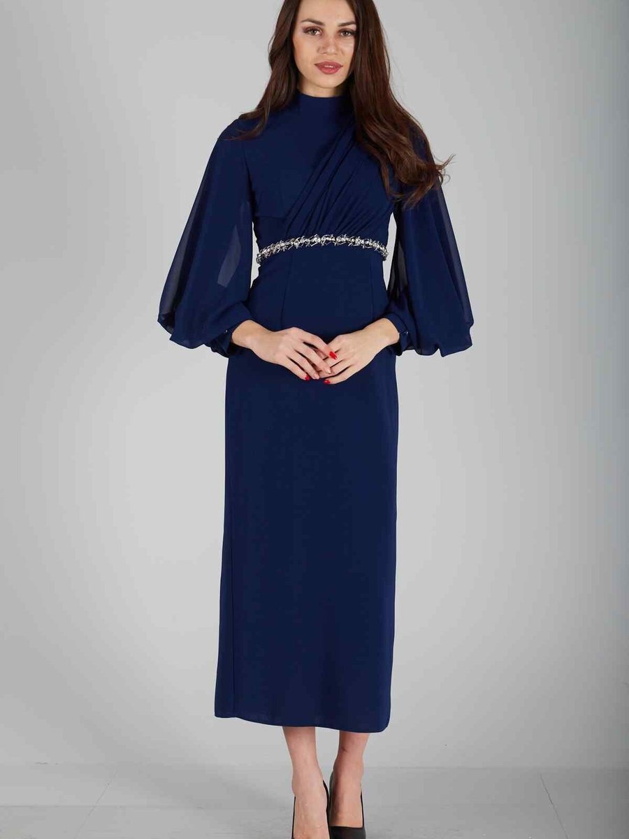 Ardanewline Lacivert Taş İşlemeli Uzun Kol Abiye Elbise