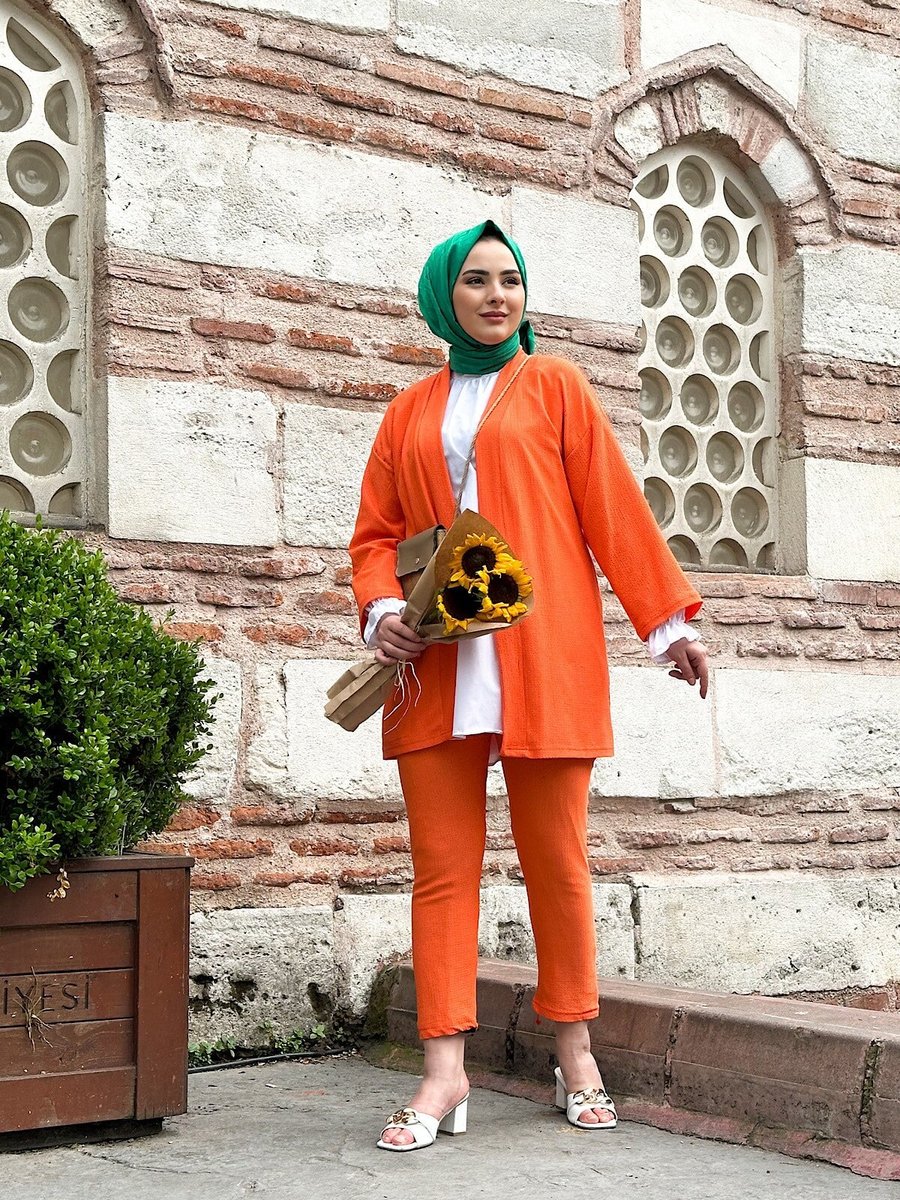 Cng Moda Turuncu Bürümcük Kimono Alt Üst Takım