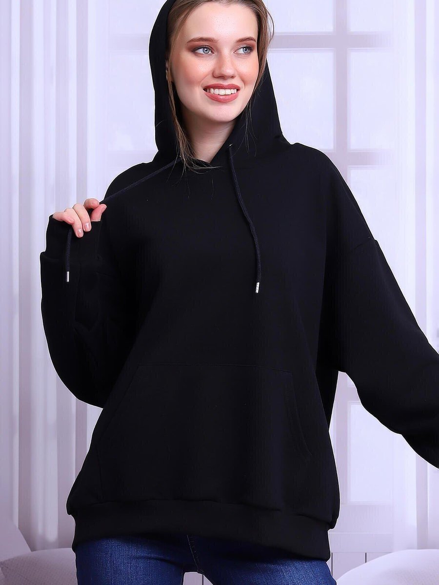 Deafox Siyah Oversize Kapüşonlu Sweatshirt