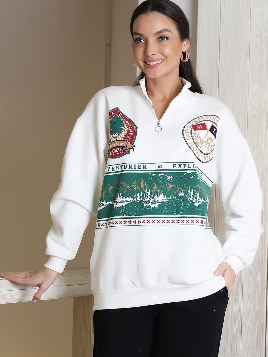 ADYES Ekru Baskılı Yakası Fermuarlı Sweatshirt