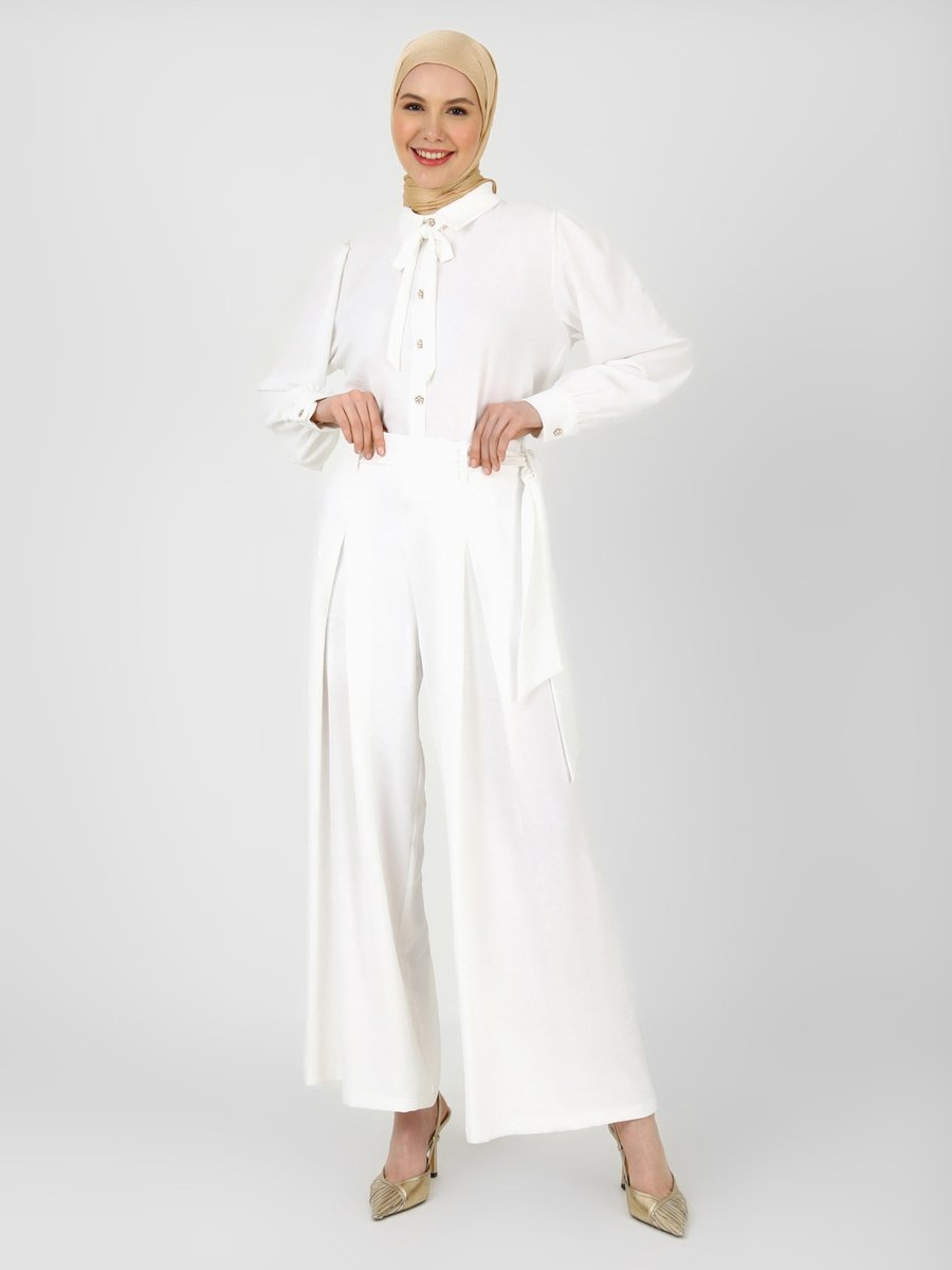 Refka Off White Kuşaklı Pantolon Etek