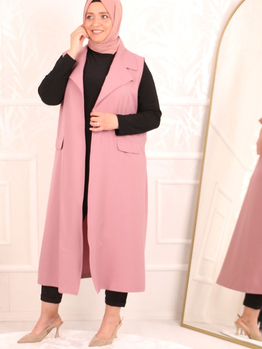 Moda Rosa Pembe Büyük Beden Blazer Yakalı Çift Kat Krep Yelek