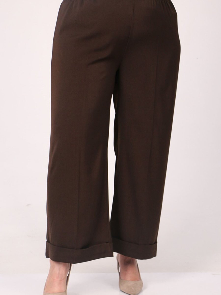 Moda Rosa Kahverengi Büyük Beden Beli Lastikli Duble Paça Pantolon