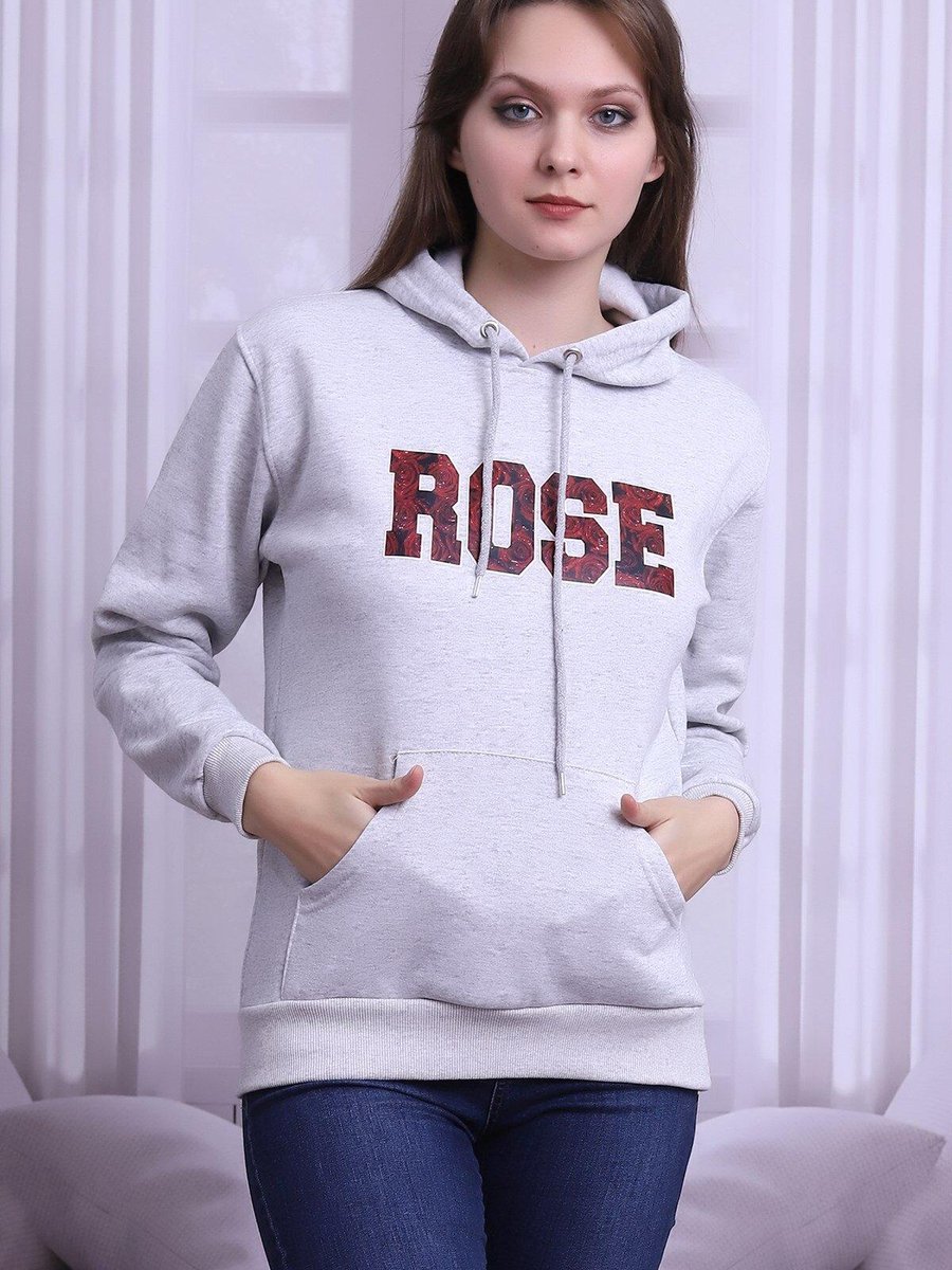 Deafox Gri Melanj Rose Yazılı Kapüşonlu Sweatshirt