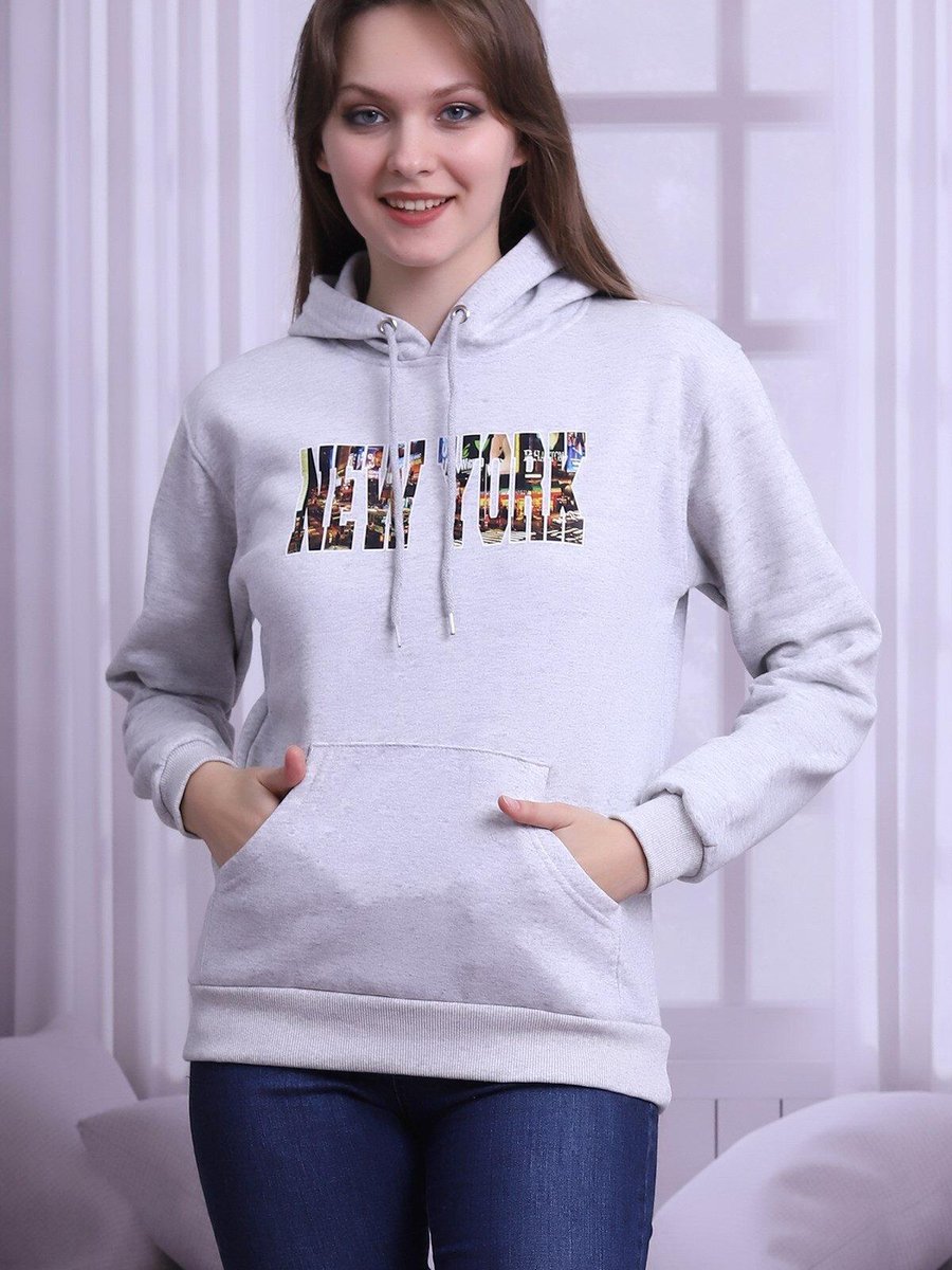 Deafox Gri Melanj New York Baskılı Kapüşonlu Sweatshirt