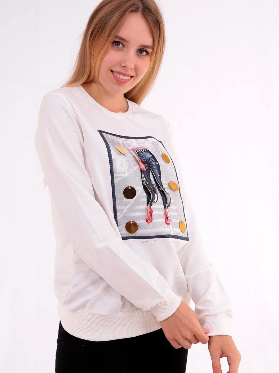 Deafox Ekru 3d Baskılı Taşlı Sweatshirt
