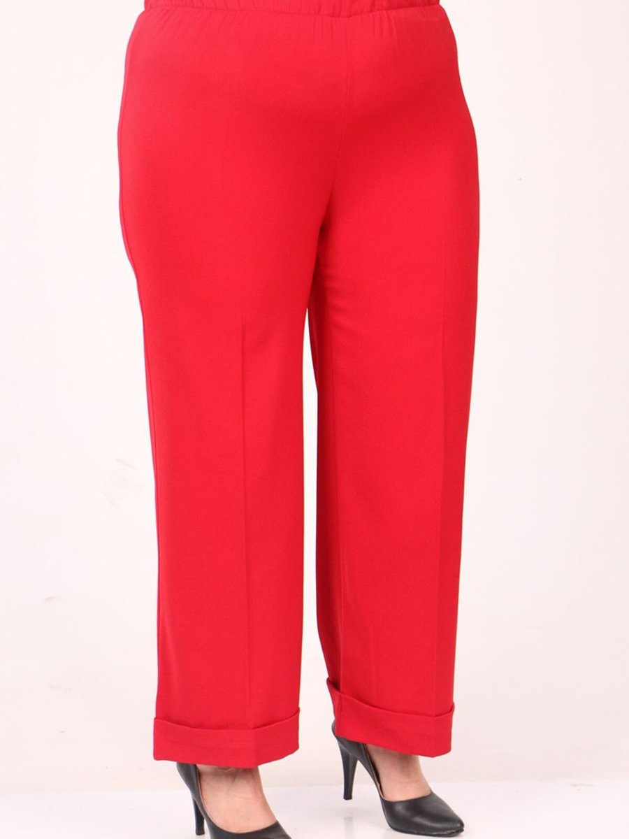 Moda Rosa Kırmızı Büyük Beden Beli Lastikli Duble Paça Pantolon