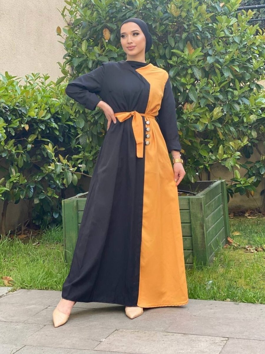 Şems Fashion Siyah Sarı Aerobin Kumaş Çift Renk Kemerli Uzun Elbise