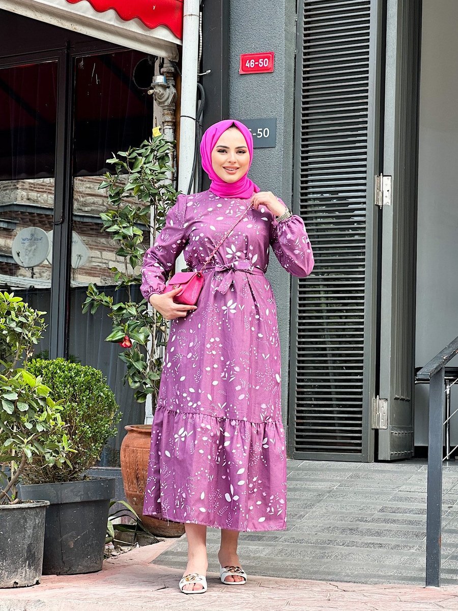 Cng Moda Mor Leylak Desenli Elbise
