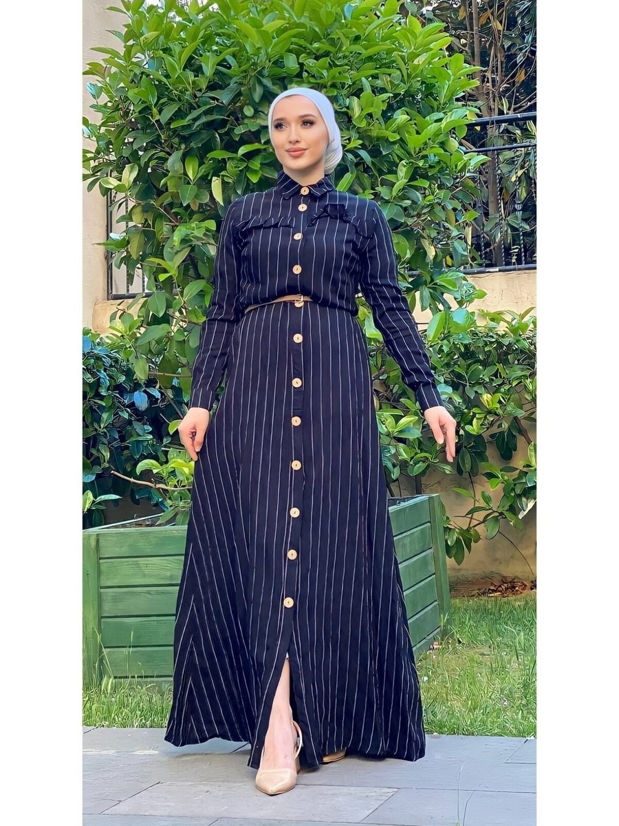 Şems Fashion Viskon Kumaş Düğmeli Yaka Uzun Gömlek Elbise