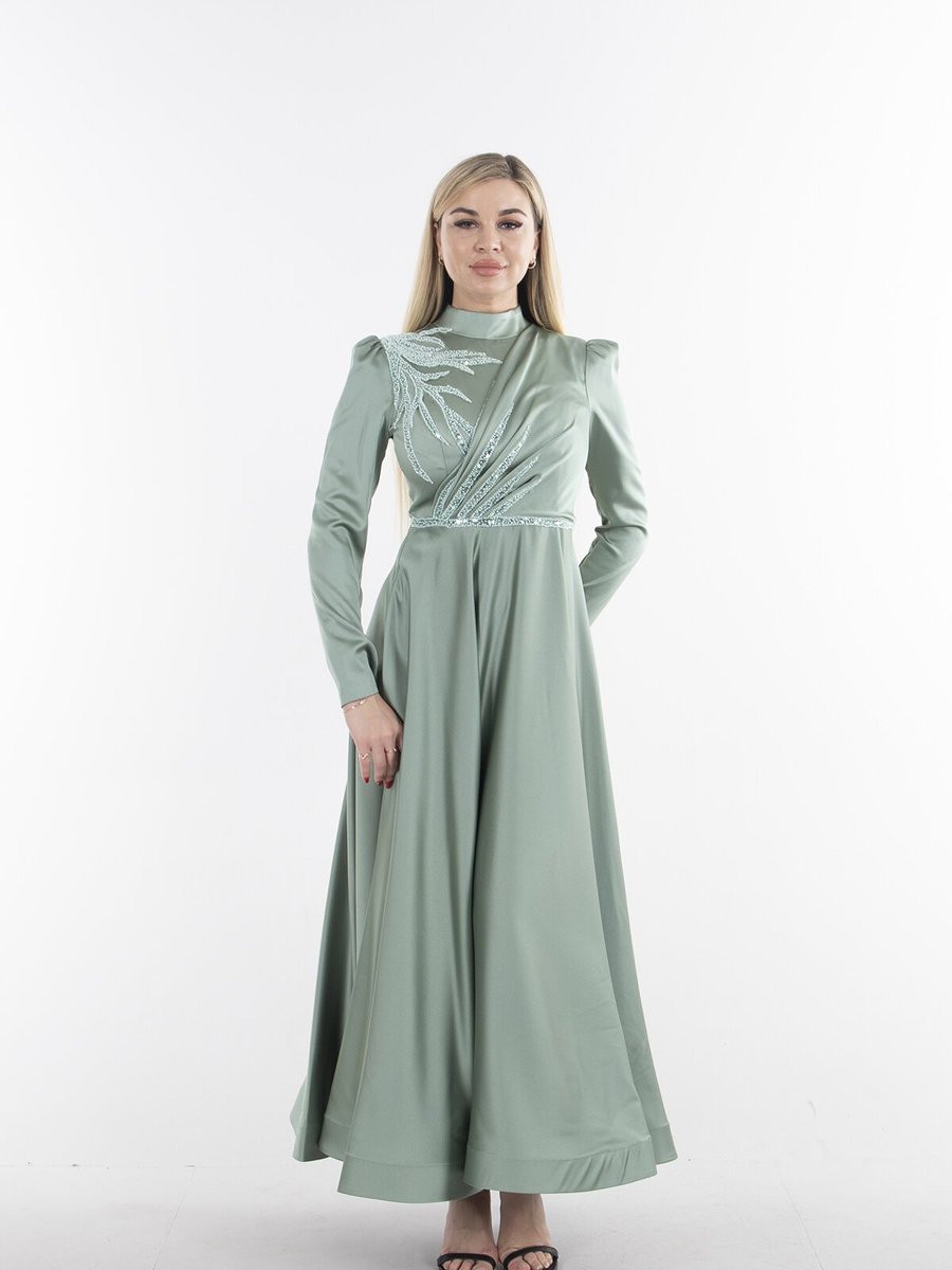 Ardanewline Mint Uzun Kol İşleme Detaylı Abiye Elbise