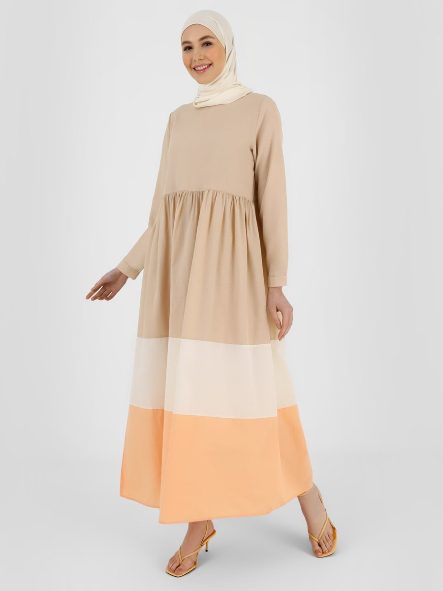 Refka Bej Off White Kayısı Renk Bloklu Eteği Geniş Pamuklu Elbise