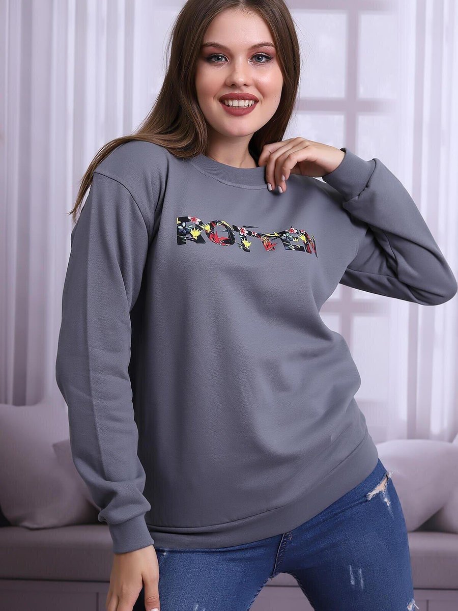 Deafox Gri Baskılı Bisiklet Yaka Sweatshirt