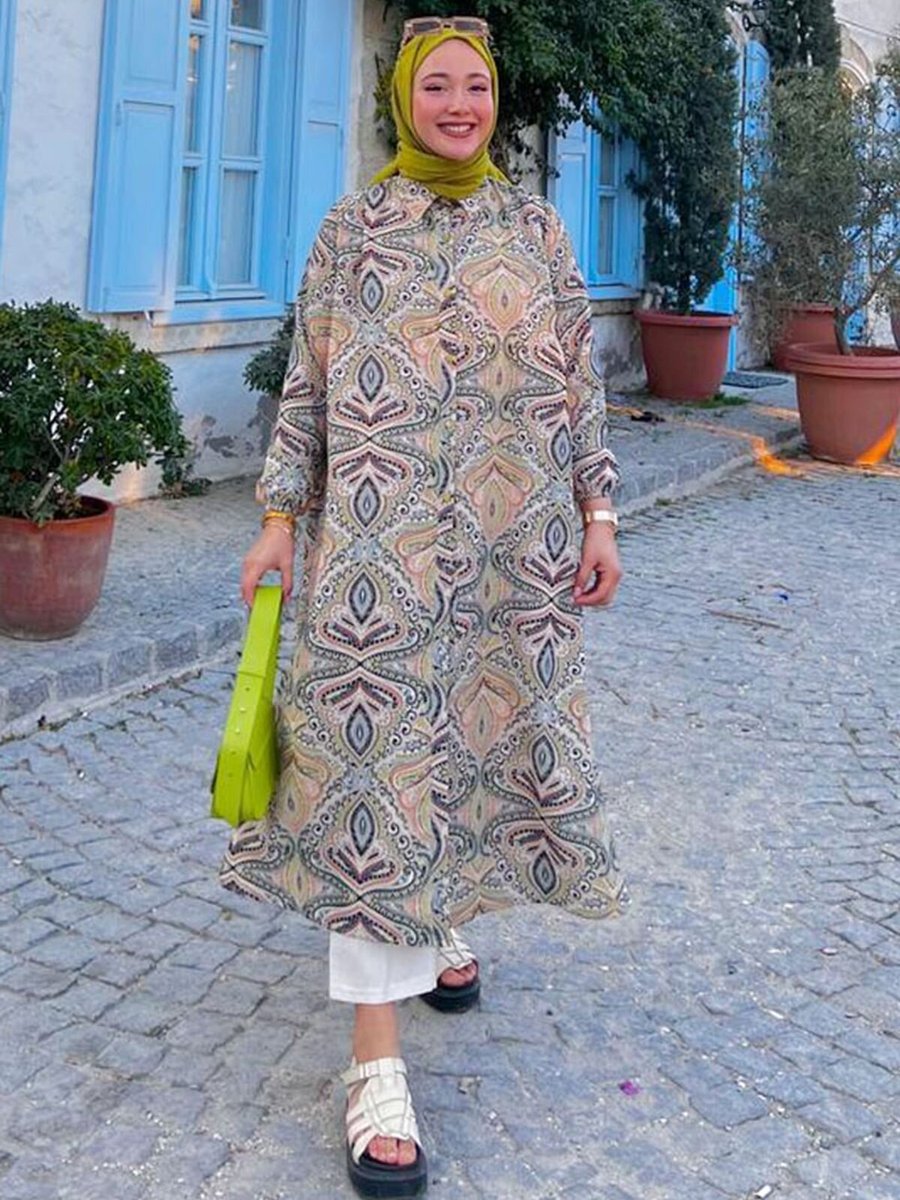 Moda Rosa Yeşil Etnik Desen Tunik