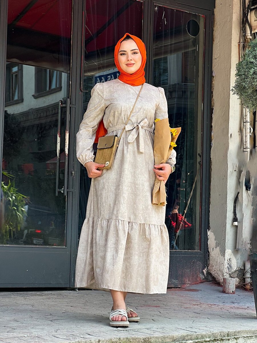 Cng Moda Bej Bulut Desenli Kuşaklı Elbise