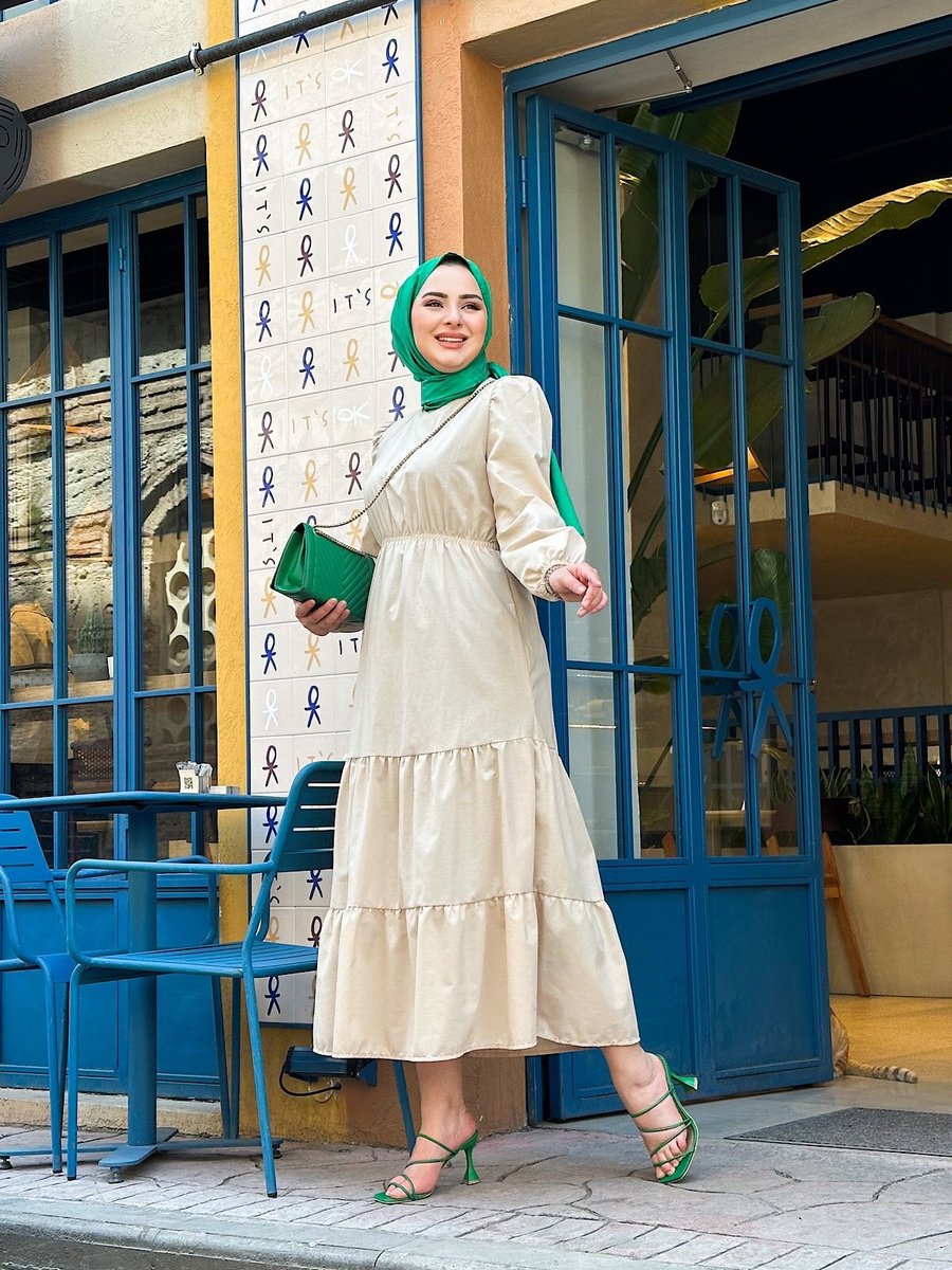 Cng Moda Bej Beli Lastikli Prenses Elbise