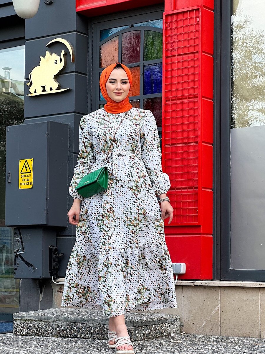 Cng Moda Yeşil Kırıkcam Desenli Kuşaklı Elbise