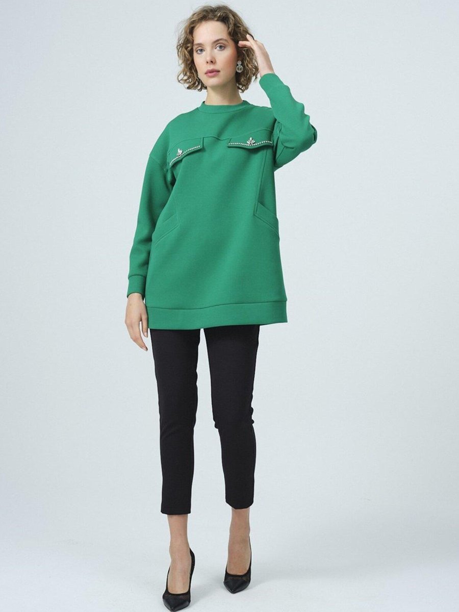 Moodbasic Yeşil Taş Detaylı Cepli Sweatshirt