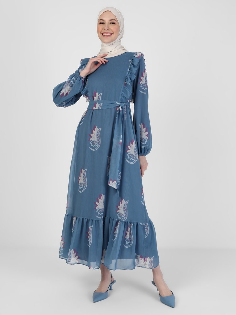 Refka Derin Mavi Çiçek Desenli Şifon Elbise