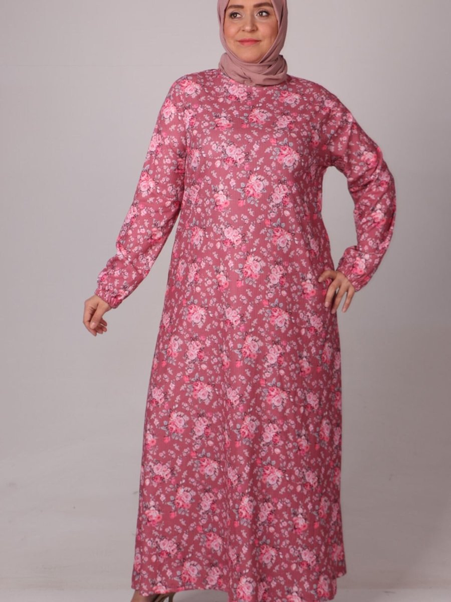 Moda Rosa Küçük Gül Desen Kurusu Büyük Beden Bürümcük Elbise