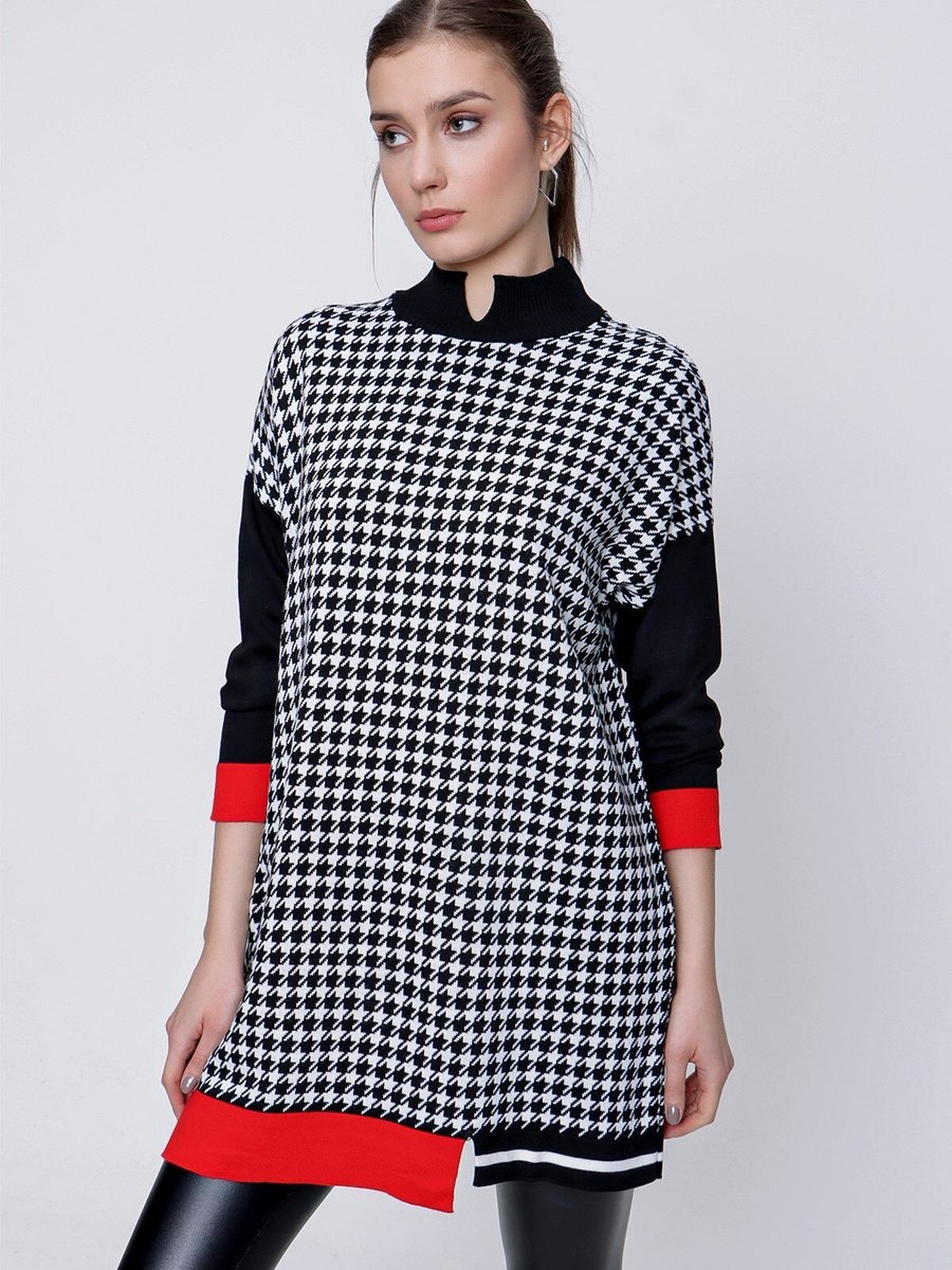 Butik Buruç Siyah Kırmızı Kazayağı Triko Tunik