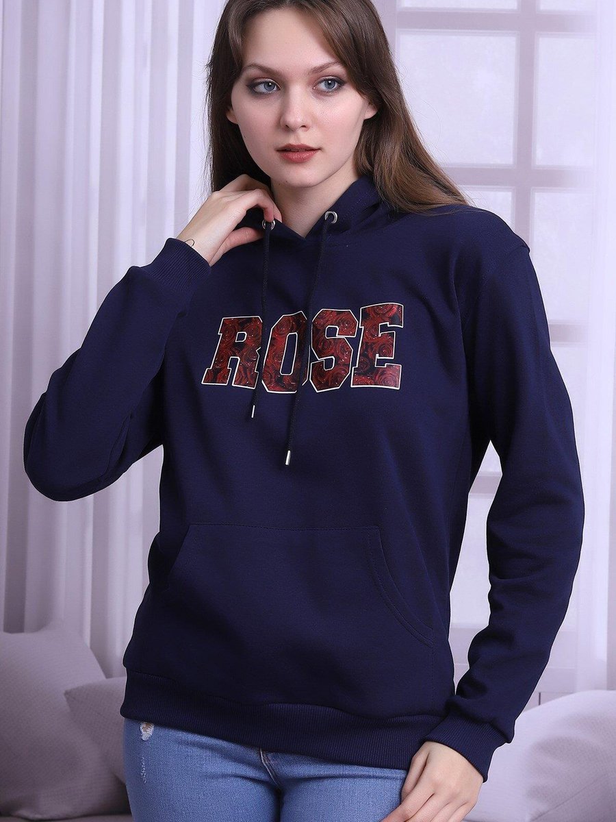 Deafox Lacivert Rose Yazılı Kapüşonlu Sweatshirt