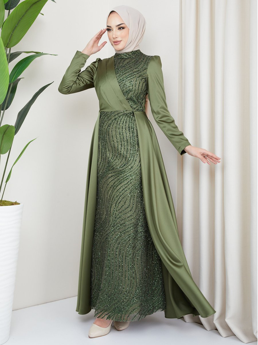 Olcay Açık Yeşil Önü Pul Ve Sim Detaylı Pelerin Etekli Saten Abiye Elbise