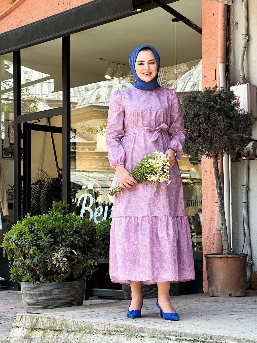 Cng Moda Gülkurusu Bulut Desenli Kuşaklı Elbise
