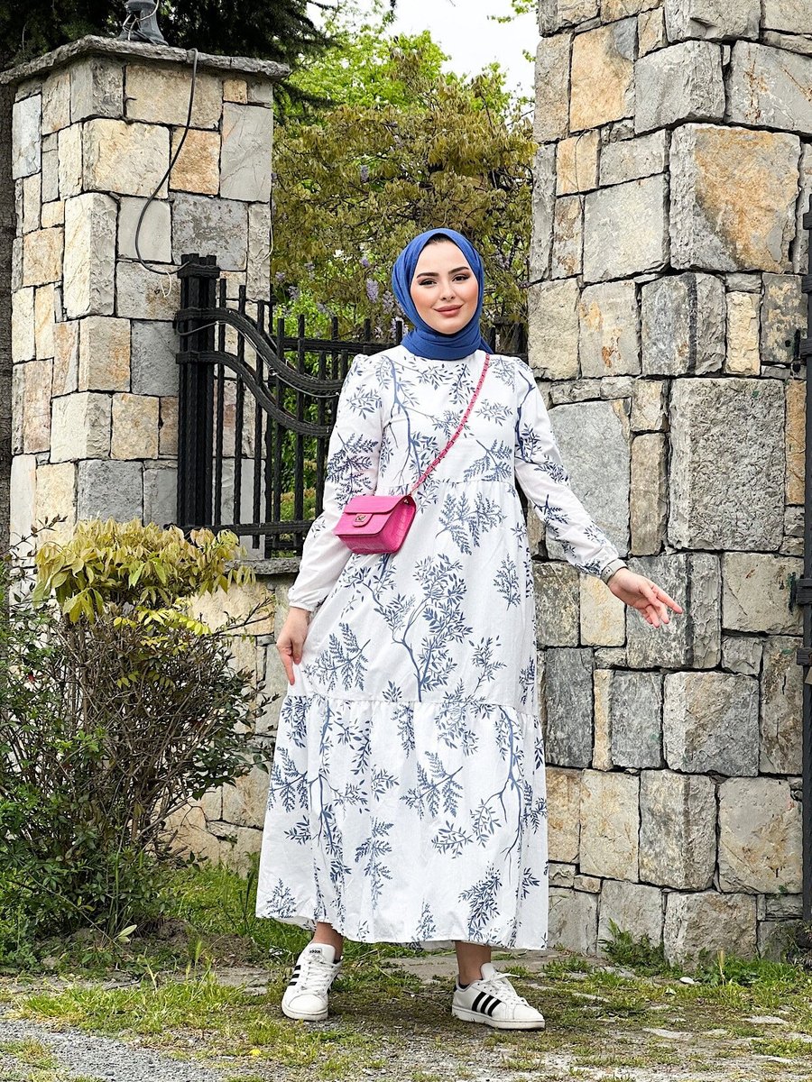 Cng Moda Mavi Beyaz Alaçatı Model Kuşaklı Elbise