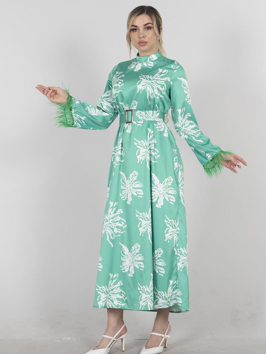 Ardanewline Yeşil Kol Ucu Tüy Detaylı Elbise