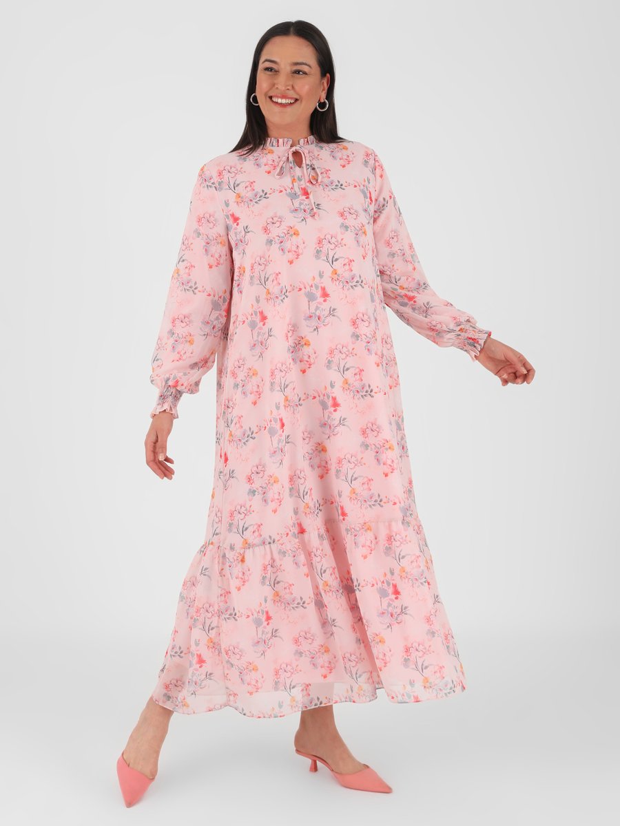 Alia Pudra Büyük Beden Çiçekli Elbise