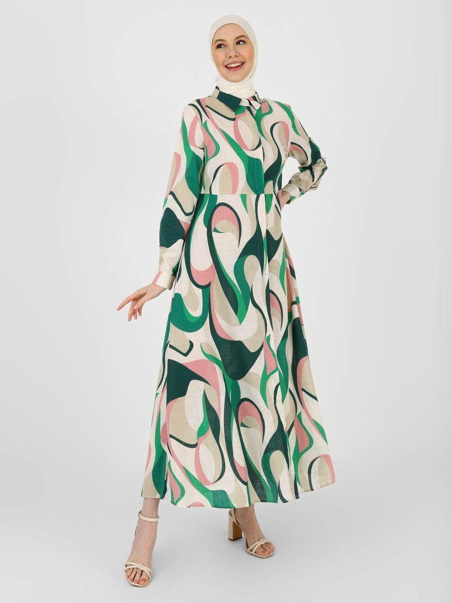 Refka Pembe Doğal Kumaşlı Geometrik Desenli Elbise