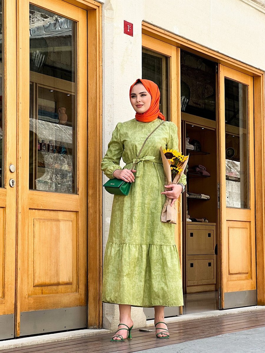 Cng Moda Yeşil Bulut Desenli Kuşaklı Elbise