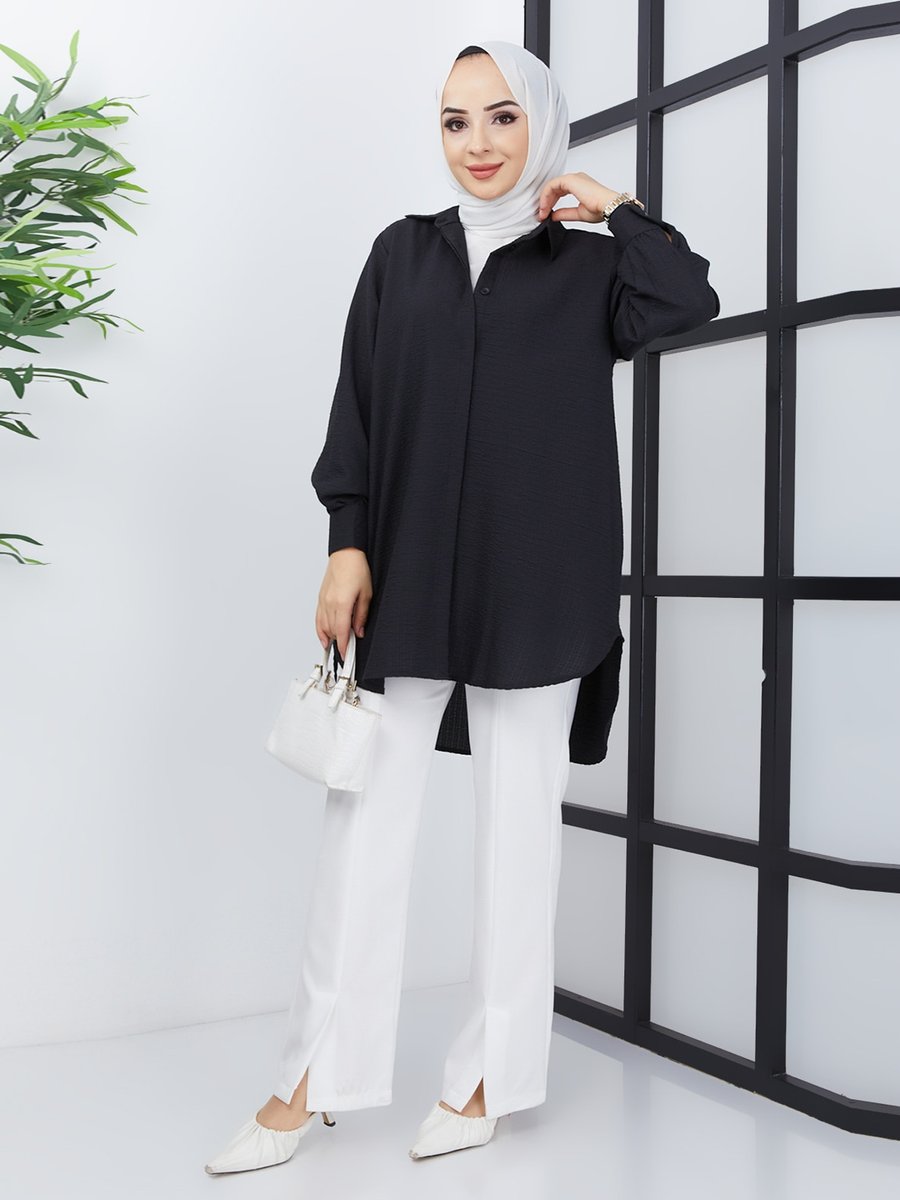 Bayanca Moda Siyah Oversize Gofre Kumaş Gömlek