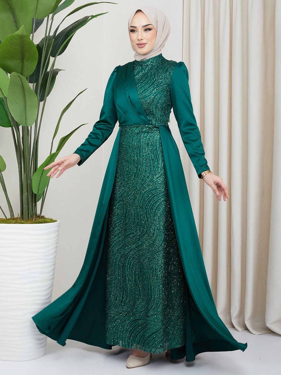 Olcay Yeşil Önü Pul Ve Sim Detaylı Pelerin Etekli Saten Abiye Elbise
