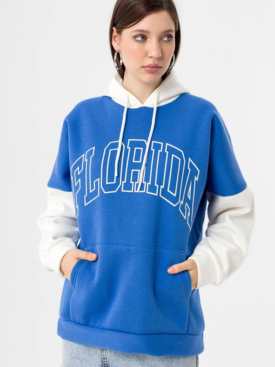 Butik Buruç İndigo Kolu Garnili Yazı Baskılı Sweat