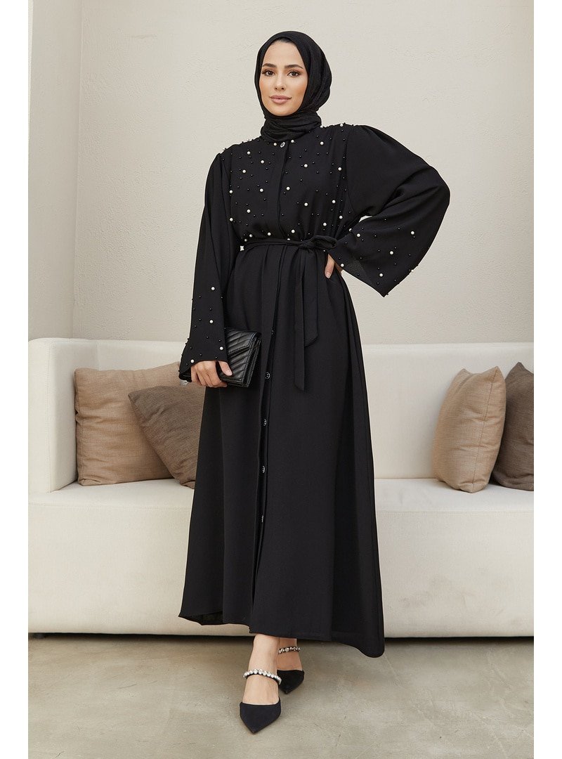 Vavinor Siyah İnci Detaylı Abaya