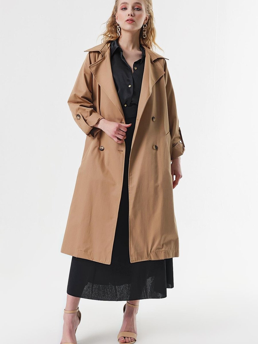 Butik Buruç Camel Kruvaze Yaka Kuşaklı Trençkot