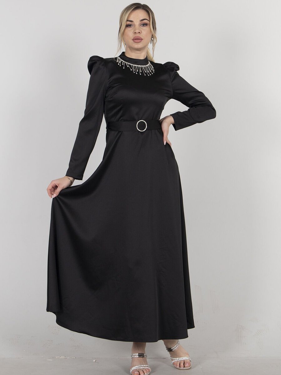 Ardanewline Siyah Yakası Taş İşlemli Saten Abiye Elbise