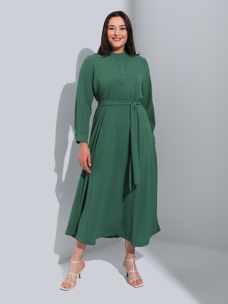 Alia Zümrüt Yeşili Büyük Beden Kuşaklı Elbise