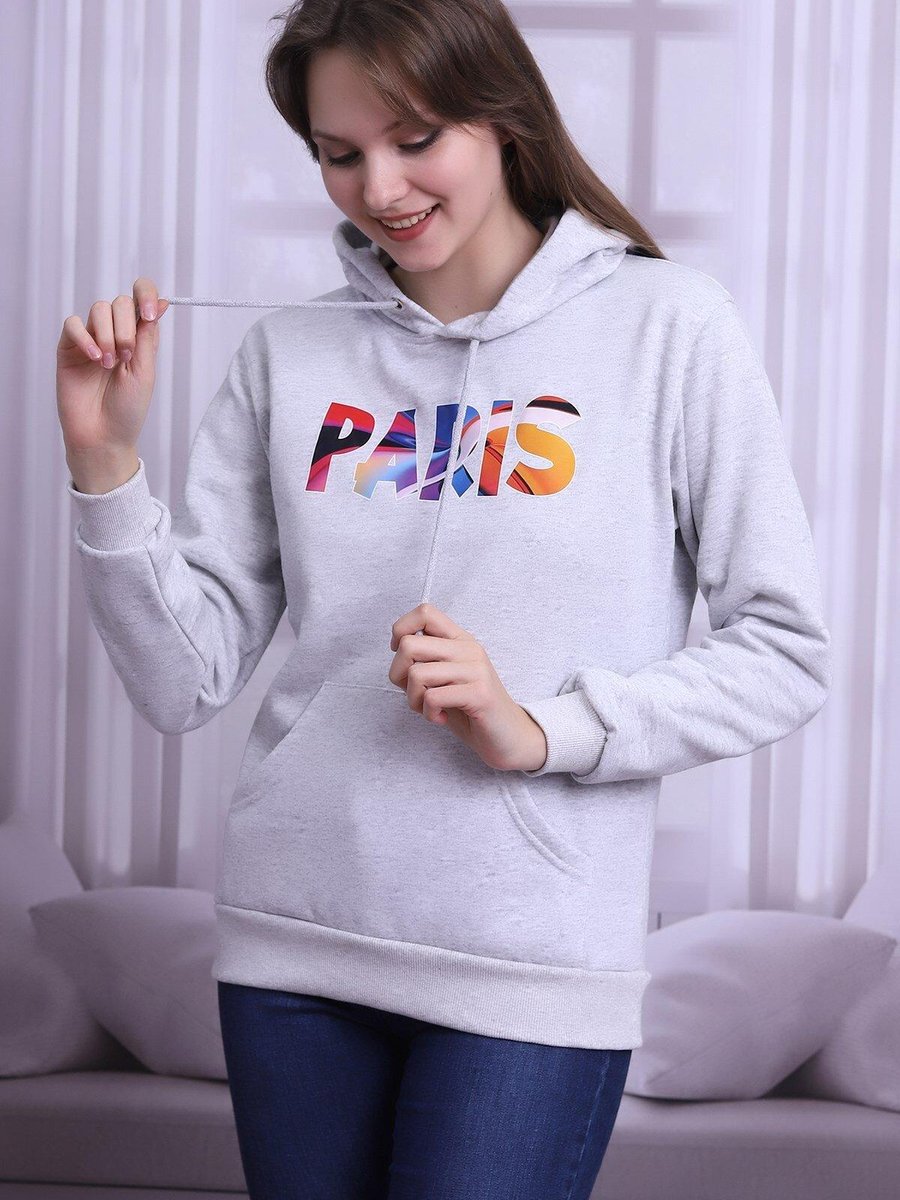 Deafox Gri Melanj Paris Yazılı Kapüşonlu Sweatshirt