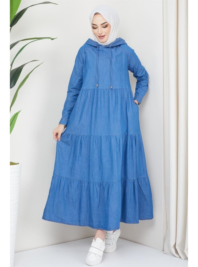 Hafsa Mina Açık Mavi Kapüşon Detaylı Kot Elbise