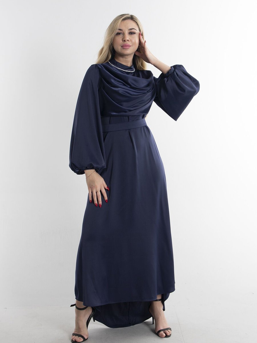Ardanewline Lacivert Drape Detaylu Uzun Kol Abiye Elbise