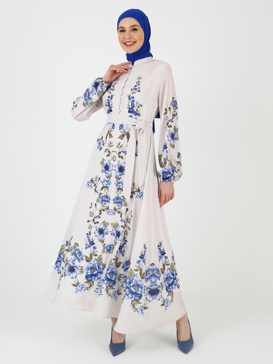 Refka Mavi Bej Yakası Brit Detaylı Desenli Elbise