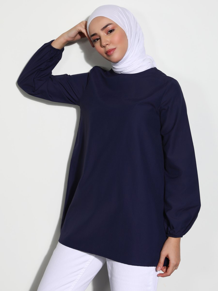 Refka Lacivert Balon Kollu Basic Poplin Tunik