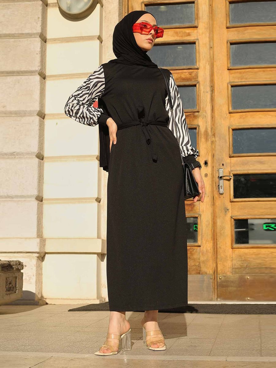 İmaj Butik Siyah Uzun Boy Zebra Desenli Elbise