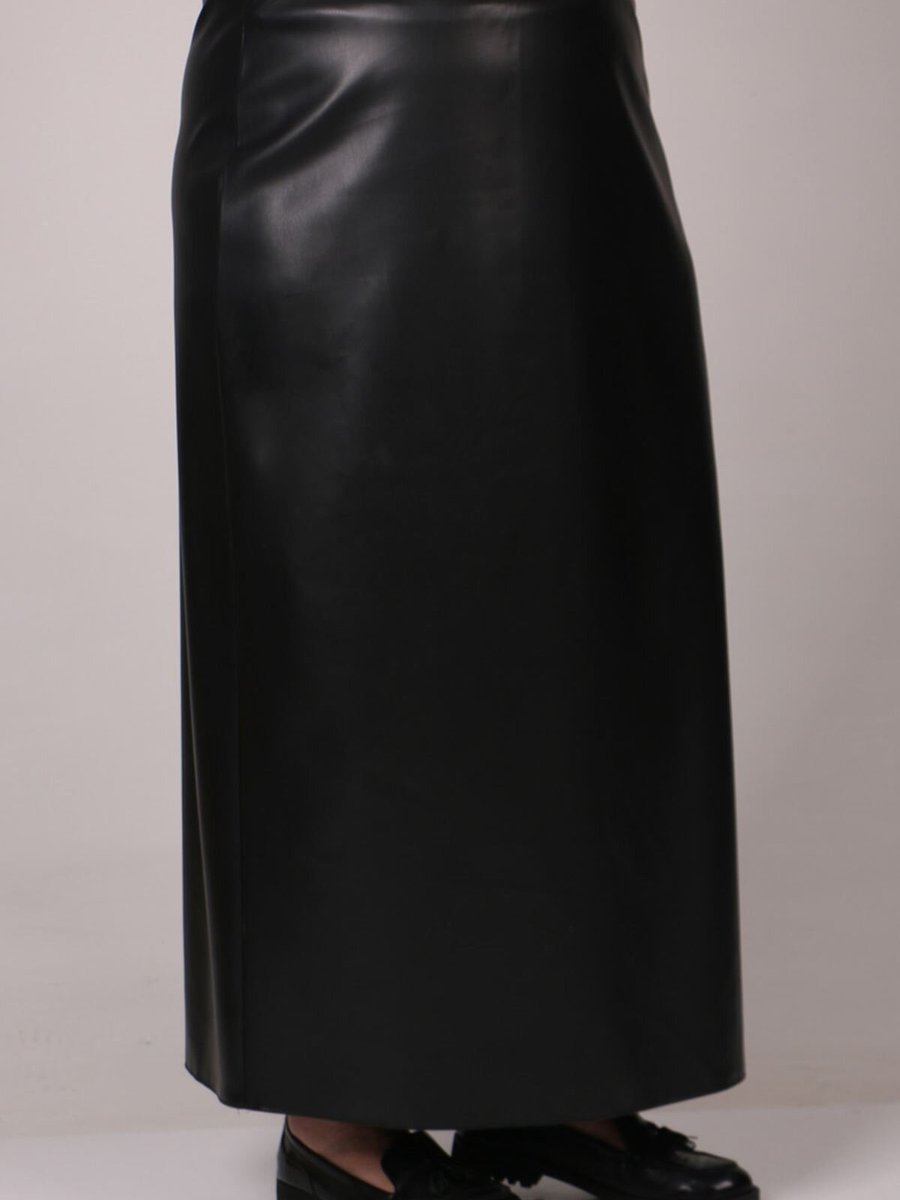 Moda Rosa Siyah Büyük Beden Deri Uzun Kalem Etek