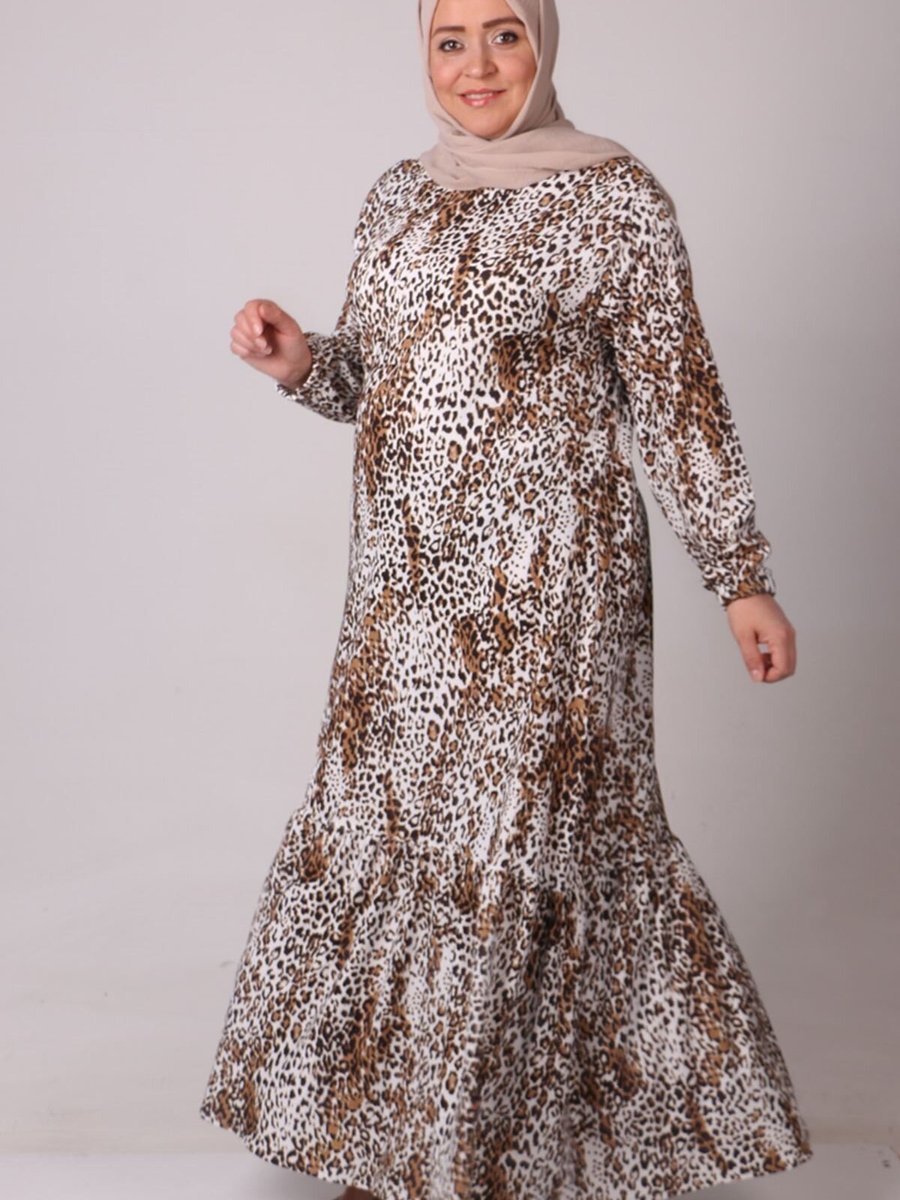 Moda Rosa Leopar Desenli Büyük Beden Etek Ucu Fırfırlı Bürümcük Elbise